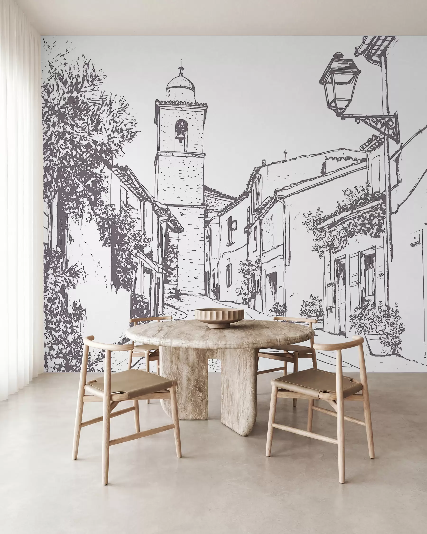 zidne murale Gradska ulica, lijepa arhitektura, zgrade, Mediteran, crtanje linija, bež boja w03345v1