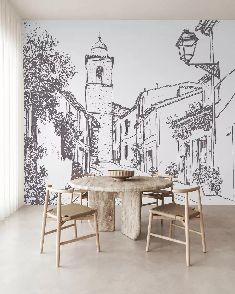zidne murale Gradska ulica, lijepa arhitektura, zgrade, Mediteran, crtanje linija, bež boja w03345v1