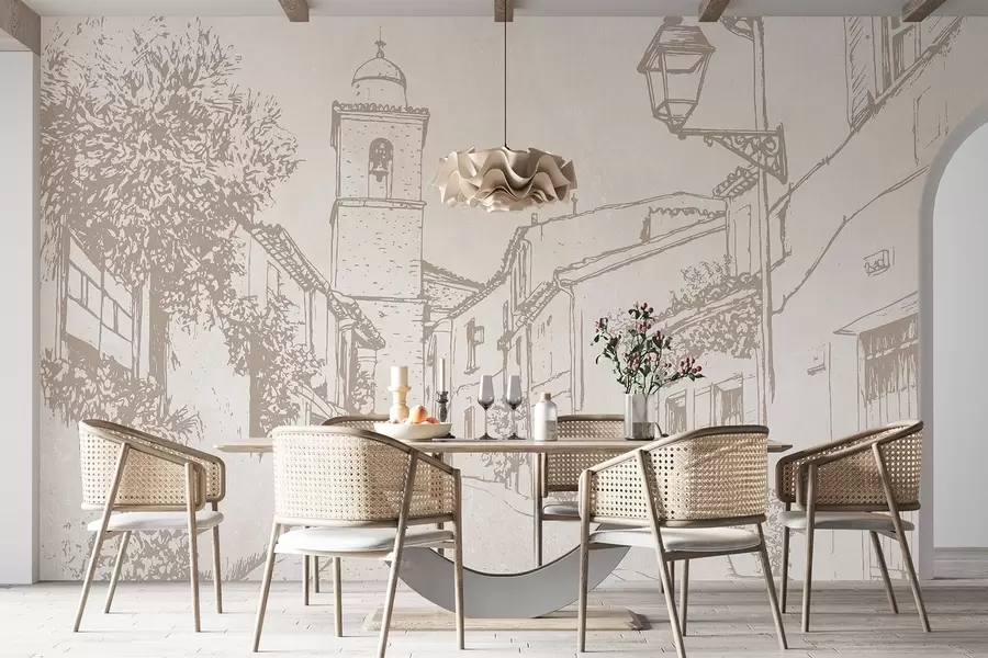 zidne murale Gradska ulica, lijepa arhitektura, zgrade, Mediteran, bež boje w03346