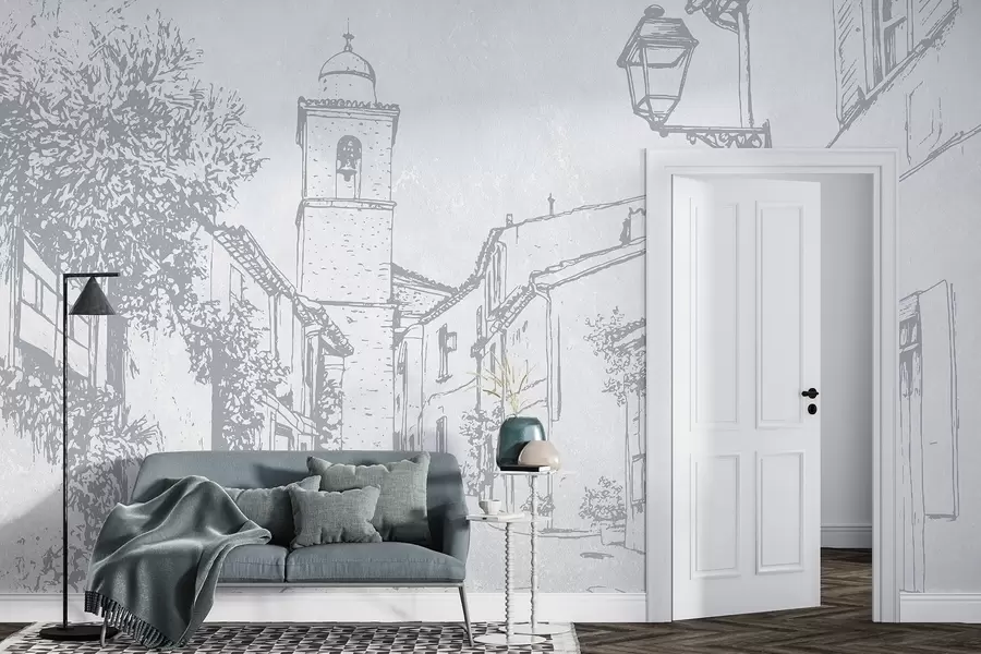 zidne murale Gradska ulica, lijepa arhitektura, zgrade, Mediteran, plave boje w03346v1