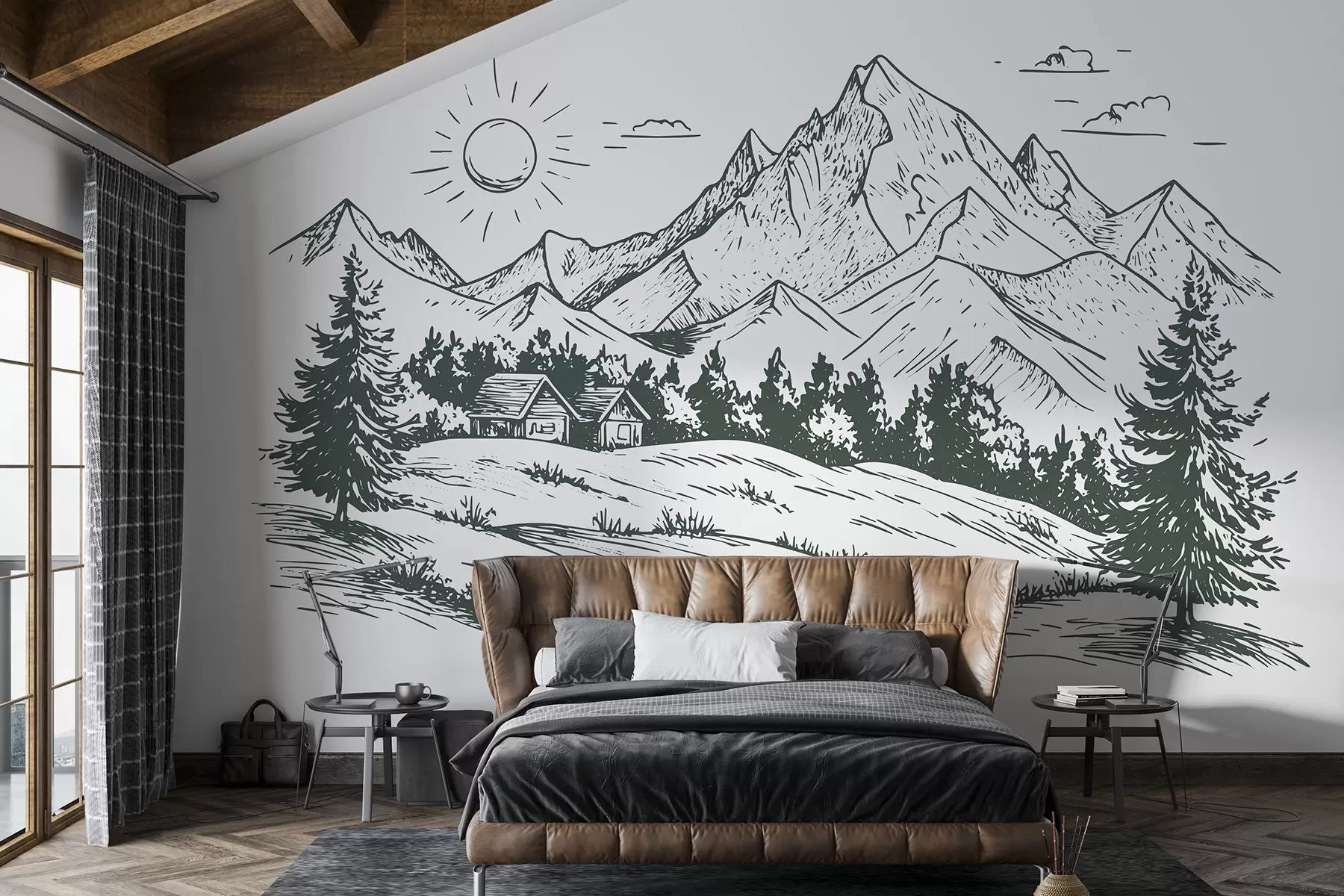 zidne murale Crtanje planina, pejzaži prirode, šuma, drvene kuće, zelena boja w03347