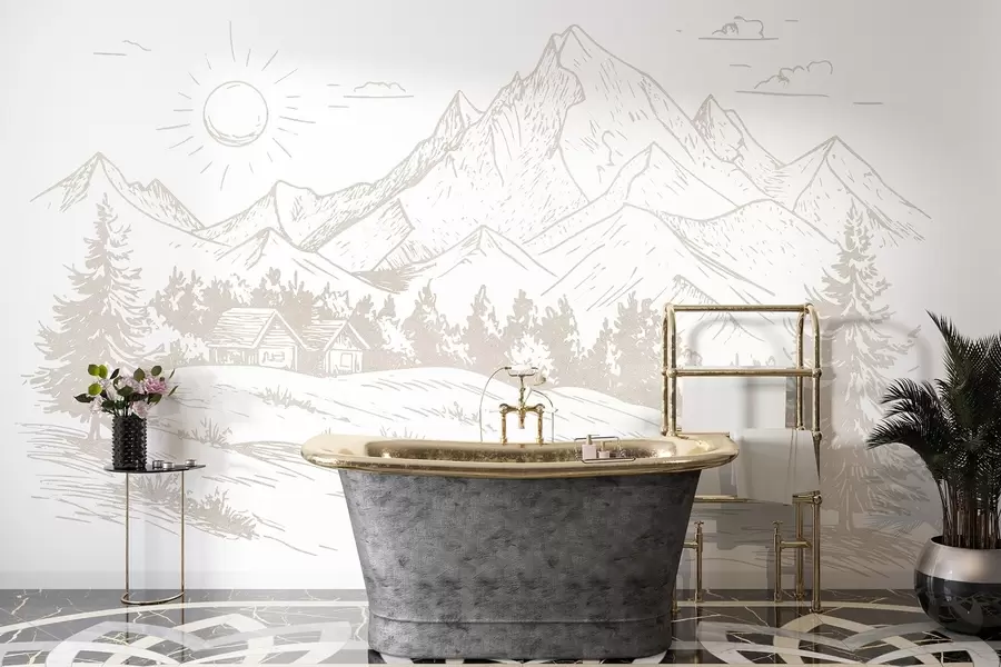 zidne murale Crtanje planina, pejzaži prirode, šuma, drvene kuće, bež boje w03348