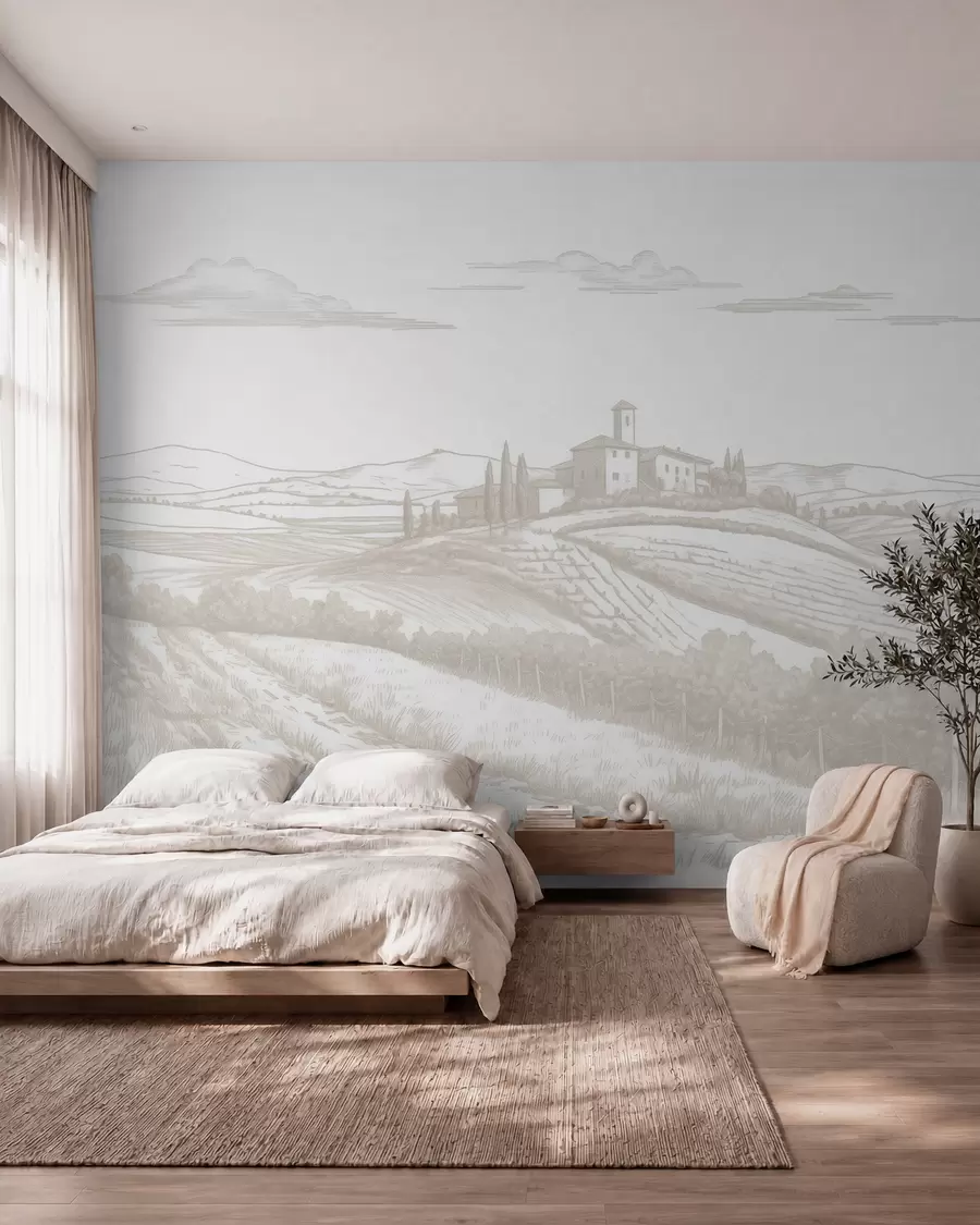 zidne murale Pejzaži Toskane, Italija, vinogradi, priroda, stari dvorac, bež boje w03349