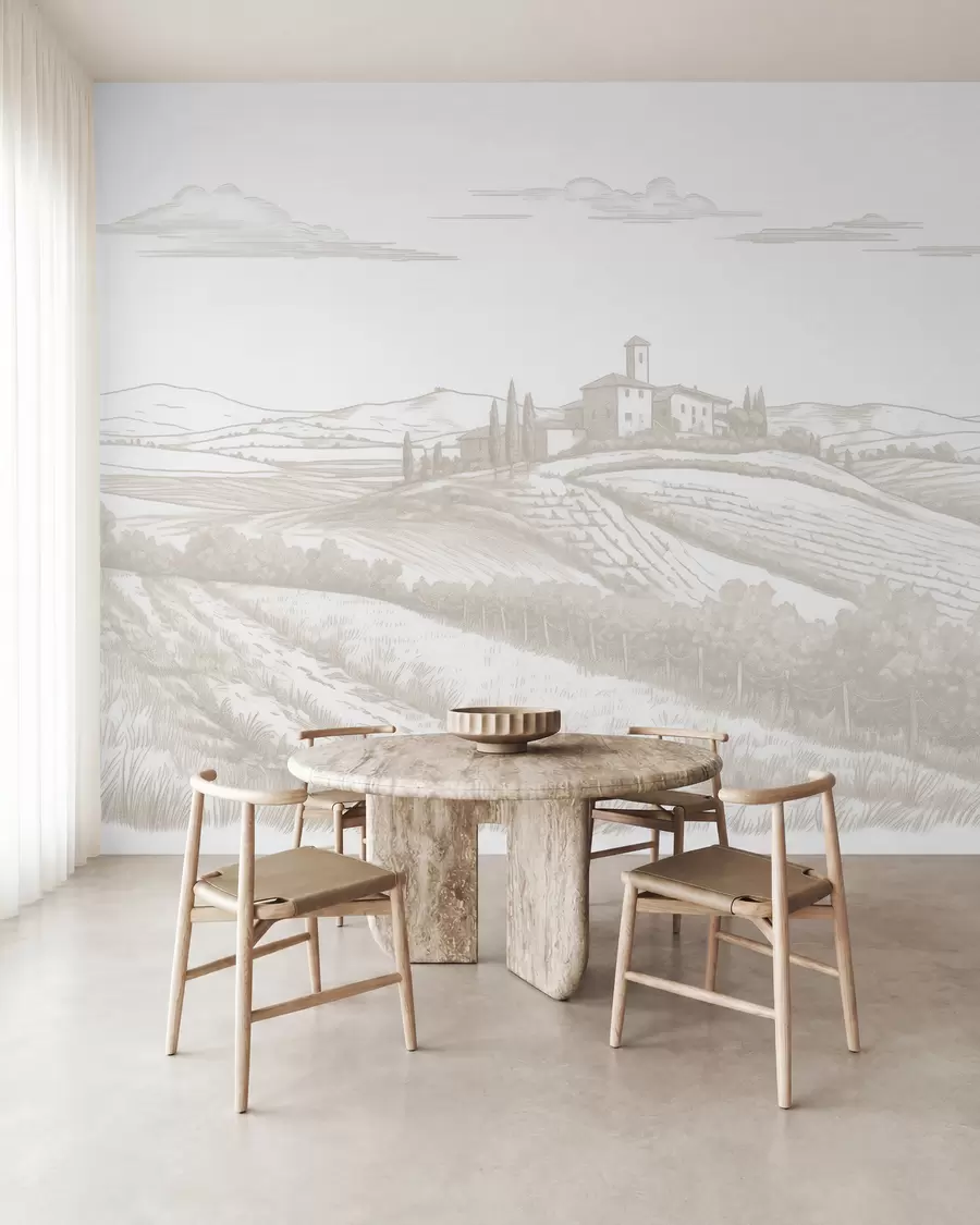 zidne murale Pejzaži Toskane, Italija, vinogradi, priroda, stari dvorac, bež boje w03349