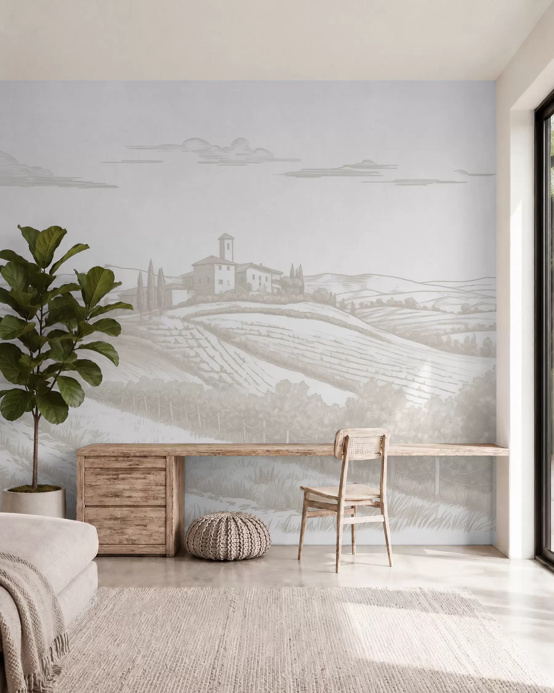 zidne murale Pejzaži Toskane, Italija, vinogradi, priroda, stari dvorac, bež boje w03349