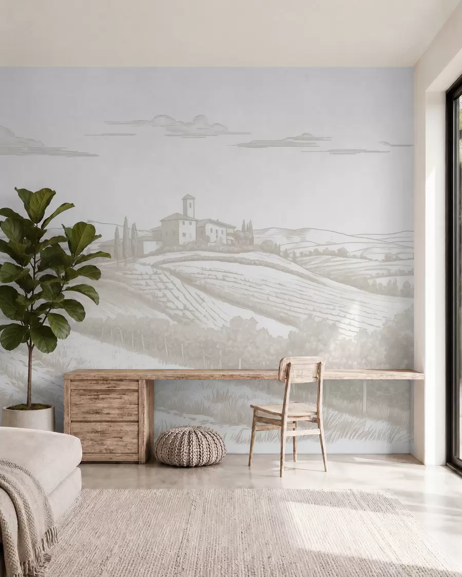 zidne murale Pejzaži Toskane, Italija, vinogradi, priroda, stari dvorac, bež boje w03349