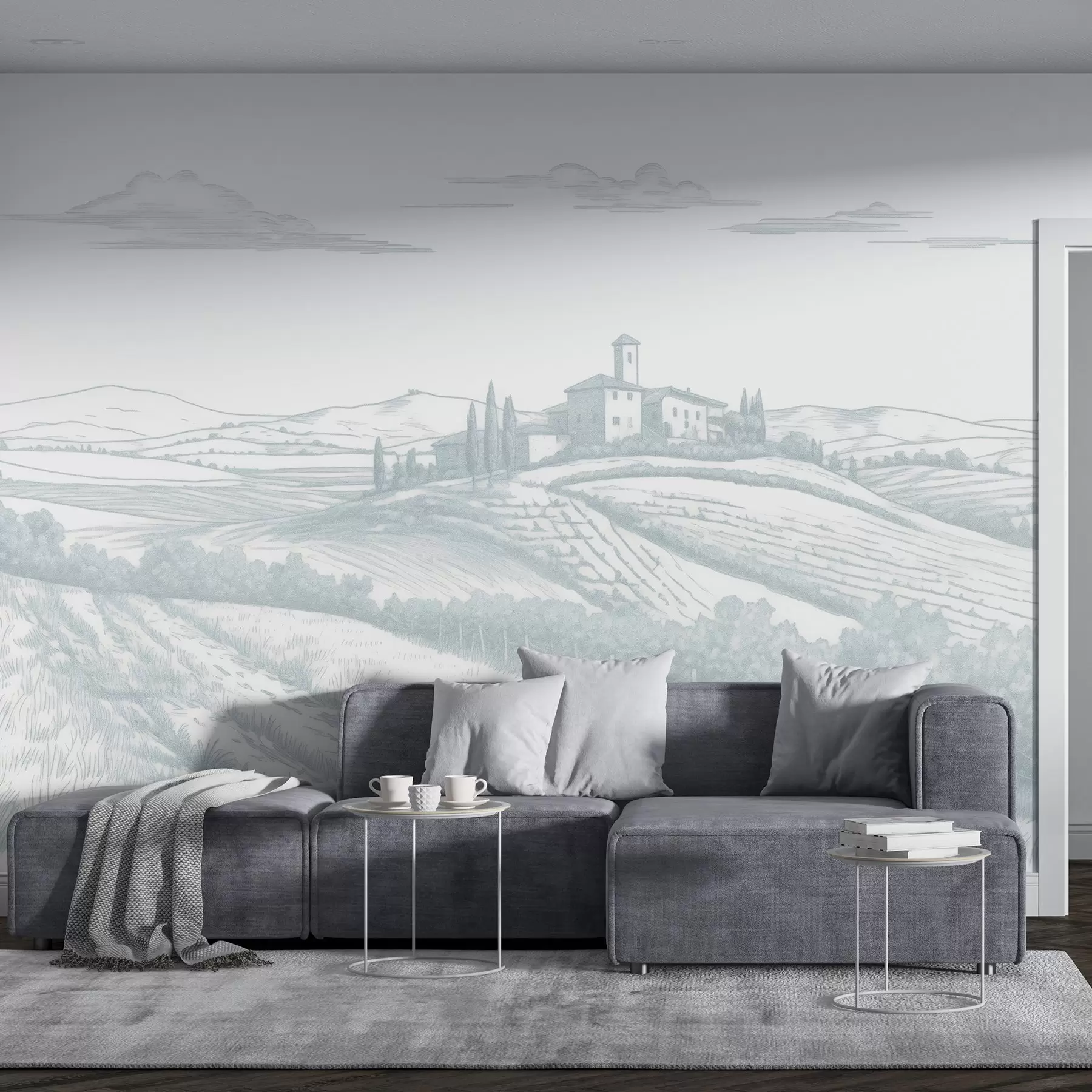 zidne murale Pejzaži Toskane, Italija, vinogradi, priroda, stari dvorac, plave boje w03349v1