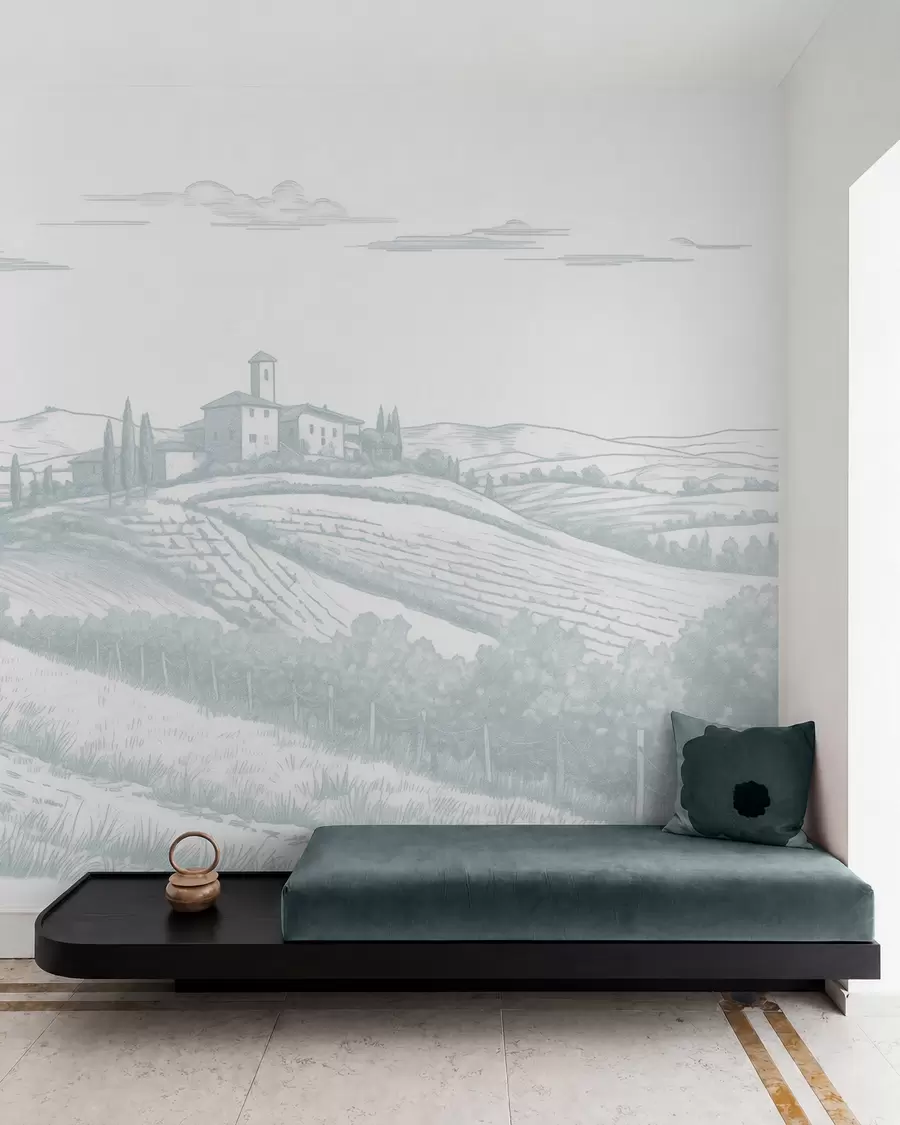 zidne murale Pejzaži Toskane, Italija, vinogradi, priroda, stari dvorac, plave boje w03349v1