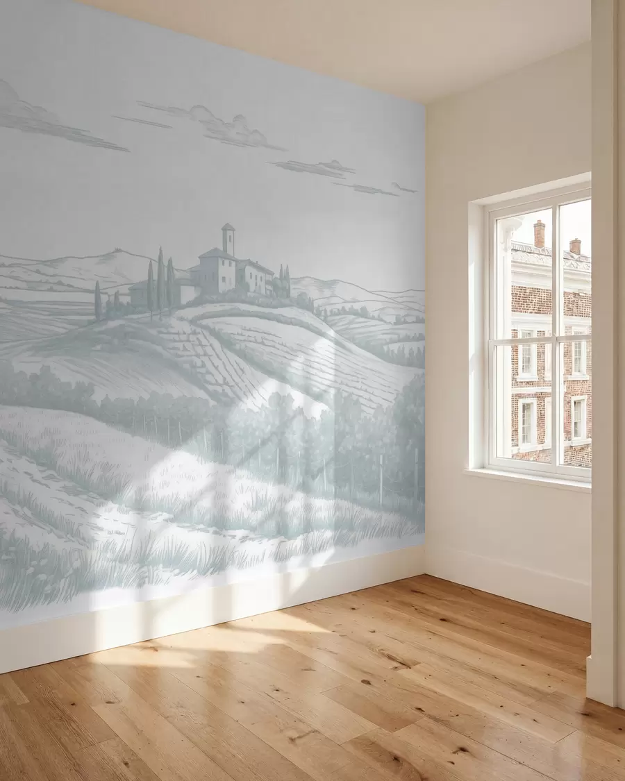 zidne murale Pejzaži Toskane, Italija, vinogradi, priroda, stari dvorac, plave boje w03349v1