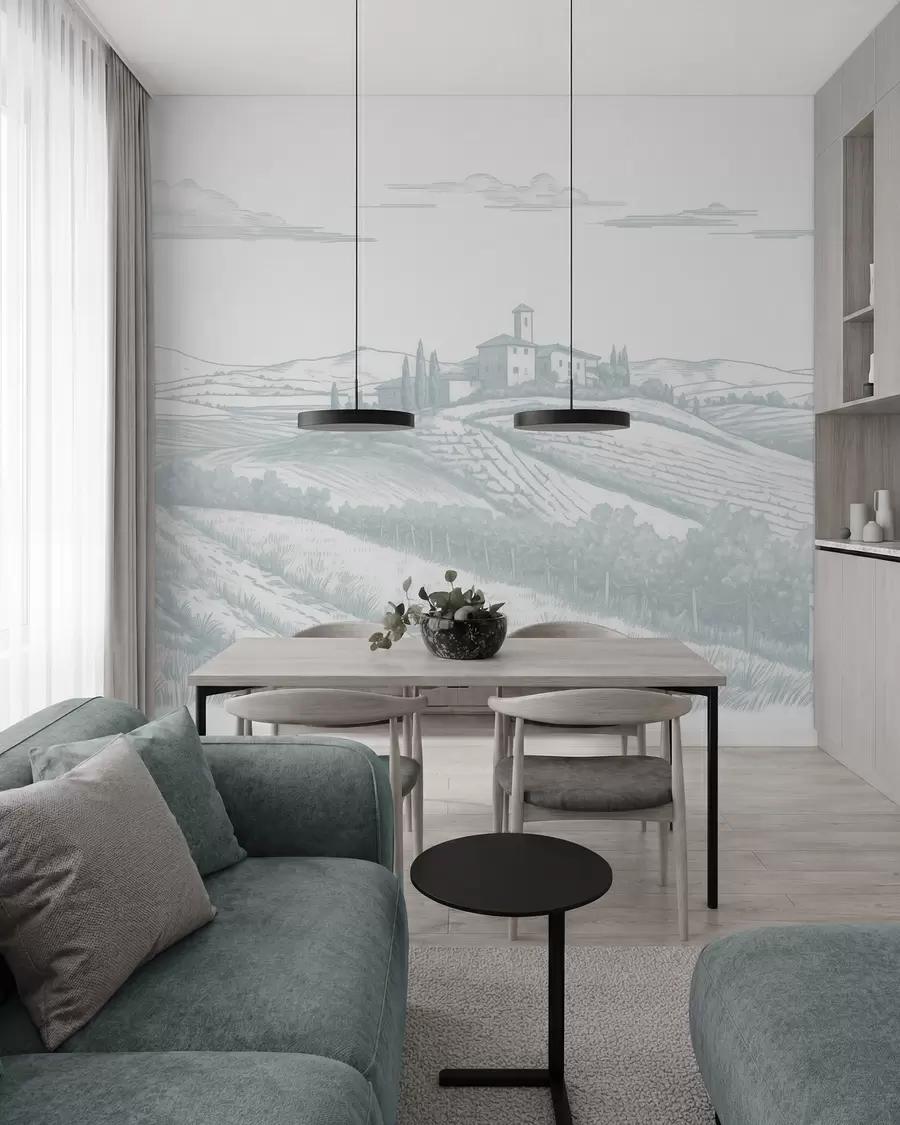 zidne murale Pejzaži Toskane, Italija, vinogradi, priroda, stari dvorac, plave boje w03349v1