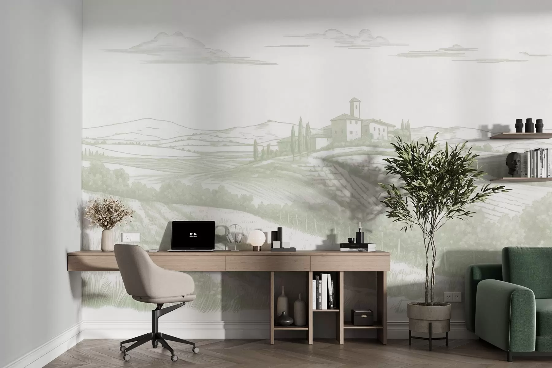 zidne murale Pejzaži Toskane, Italija, vinogradi, priroda, stari dvorac, zelene boje w03349v2