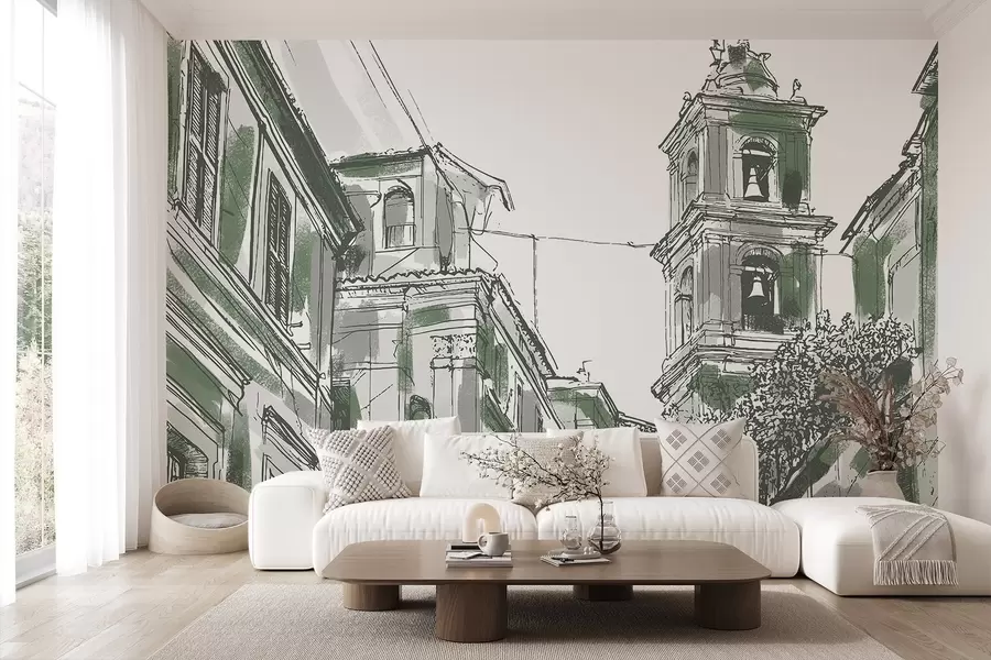 zidne murale Mediteranska gradska ulica, kapelica, arhitektura, sive i zelene boje w03350v2