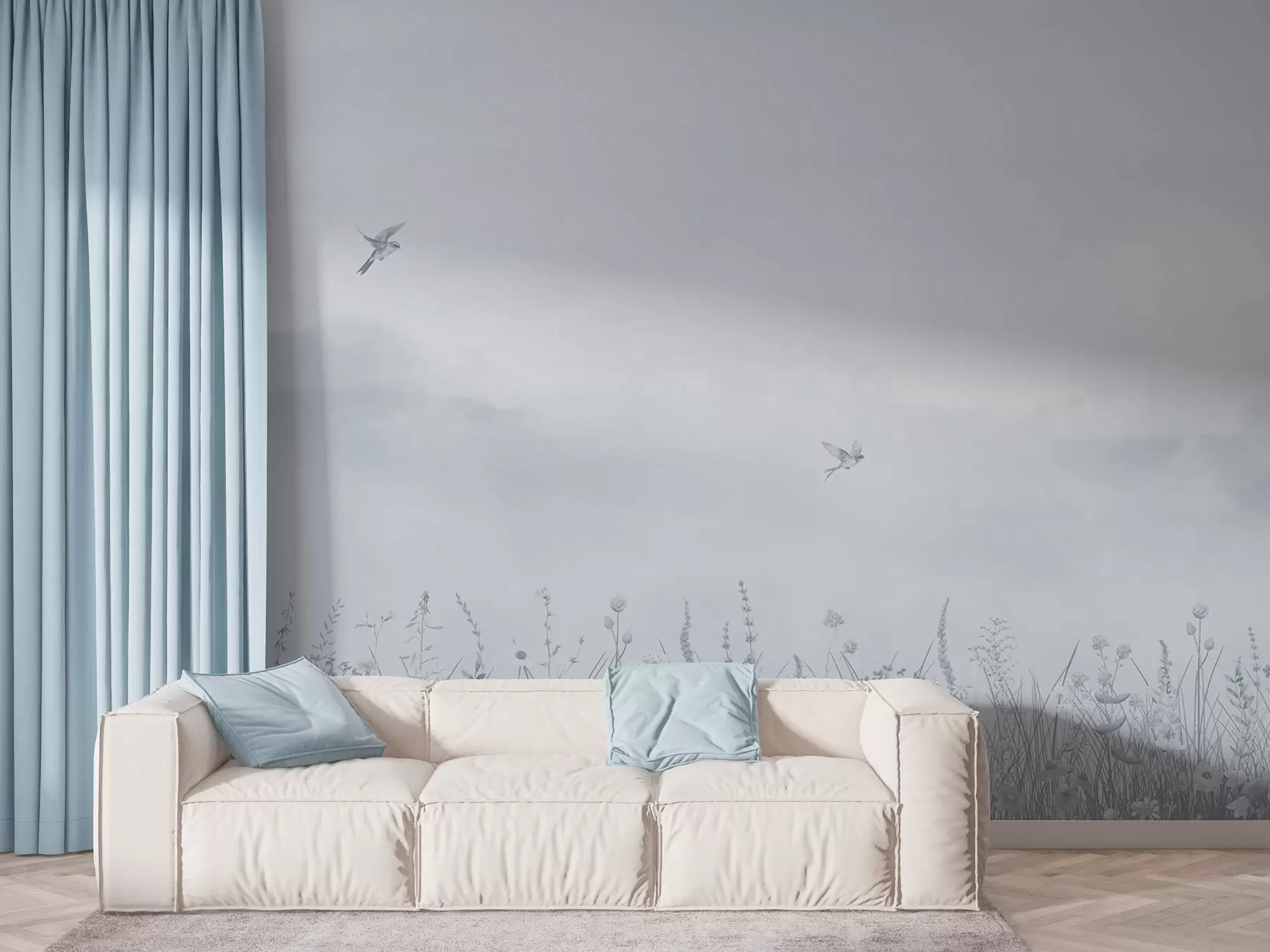 zidne murale Divlje cvijeće i maglovito nebo u plavim tonovima w03391v1