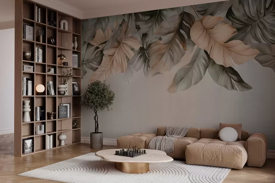zidne murale Tropsko lišće visi s vrha, na teksturiranoj pozadini w03290