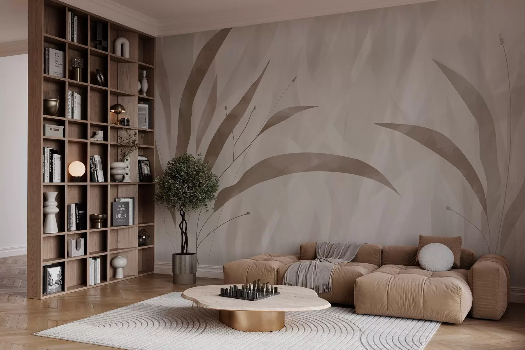 zidne murale Eko stil, biljke na teksturiranoj heterogenoj pozadini u bež tonovima w03394