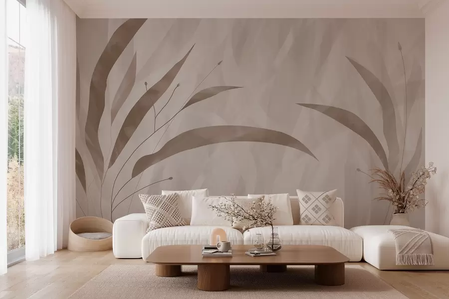 zidne murale Eko stil, biljke na teksturiranoj heterogenoj pozadini u bež tonovima w03394