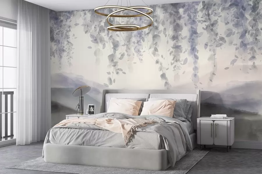 zidne murale Lišće glicinije visi nad zamućenim planinama, nježne pastelne plave i sive boje, pejzaž u stilu akvarela w08909