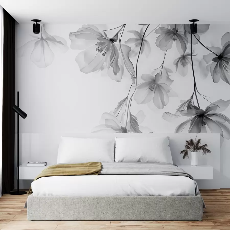 zidne murale Crno cvijeće s prozirnim laticama koje vise s grane, crno-bijelo, minimalistička moderna umjetnička kompozicija w08911