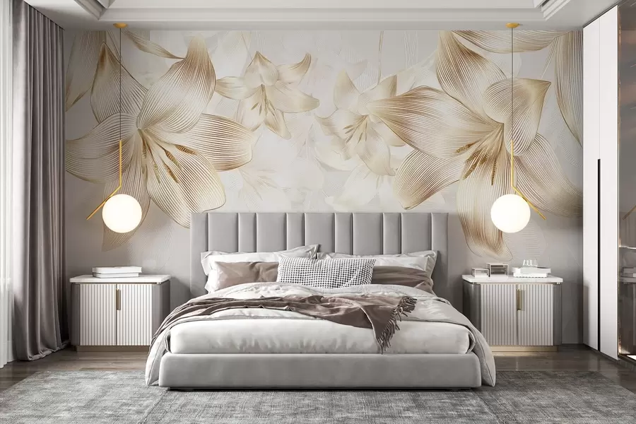 zidne murale Žuti ljiljani sa zamršenim linijskim detaljima, elegantan cvjetni aranžman, neutralna paleta boja w08912