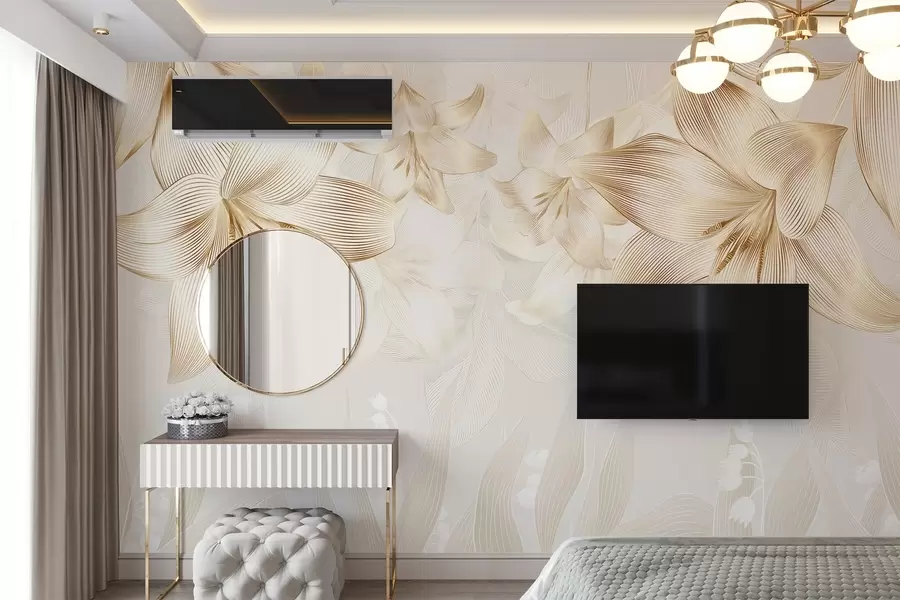 zidne murale Žuti ljiljani sa zamršenim linijskim detaljima, elegantan cvjetni aranžman, neutralna paleta boja w08912