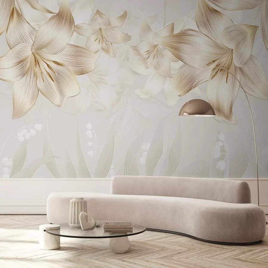 zidne murale Žuti ljiljani sa zamršenim linijskim detaljima, elegantan cvjetni aranžman, neutralna paleta boja w08912