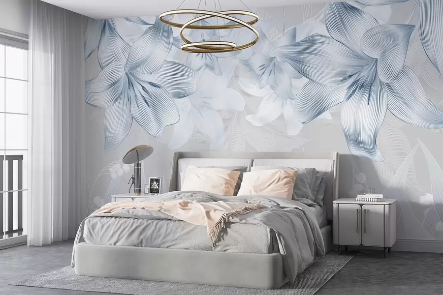 zidne murale Plavi ljiljani sa zamršenim linijskim detaljima, elegantan cvjetni aranžman, neutralna paleta boja w08912v1