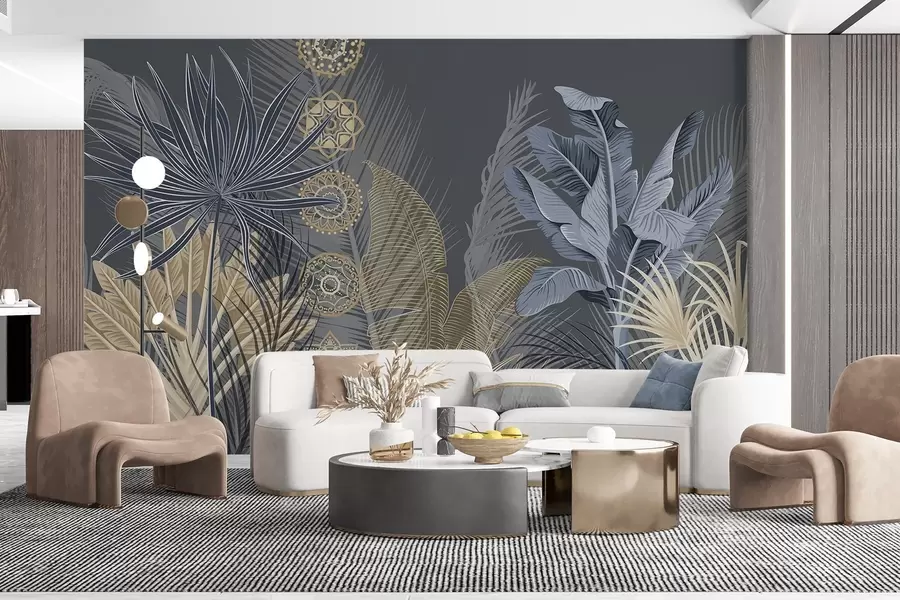 zidne murale Tropsko lišće u plavim i smeđim tonovima, lišće palme, lišće banane i ukrasi mandale, tamna pozadina w08913