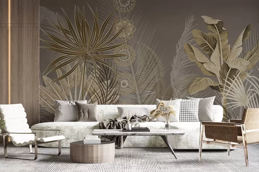 zidne murale Tropsko lišće u bež i smeđim tonovima, lišće palme, lišće banane i ukrasi mandale, tamna pozadina w08913v1