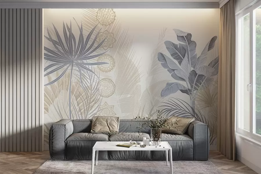 zidne murale Tropsko lišće u plavim i bež tonovima, lišće palme, lišće banane i ukrasi mandale, svijetla pozadina w08913v2