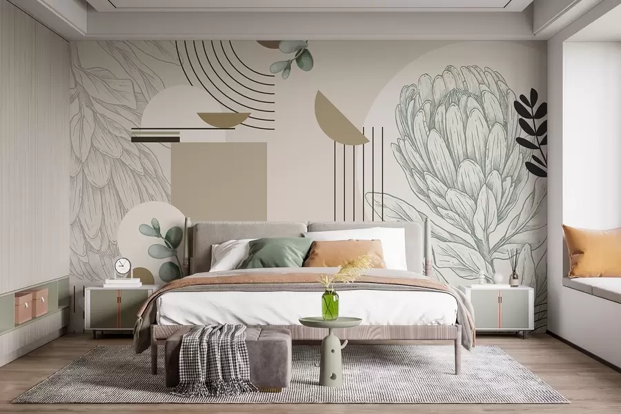 zidne murale Apstraktni botanički print s cvijetom proteje, lišćem eukaliptusa, geometrijskim oblicima u minimalističkom stilu, pastelnim bojama w08914
