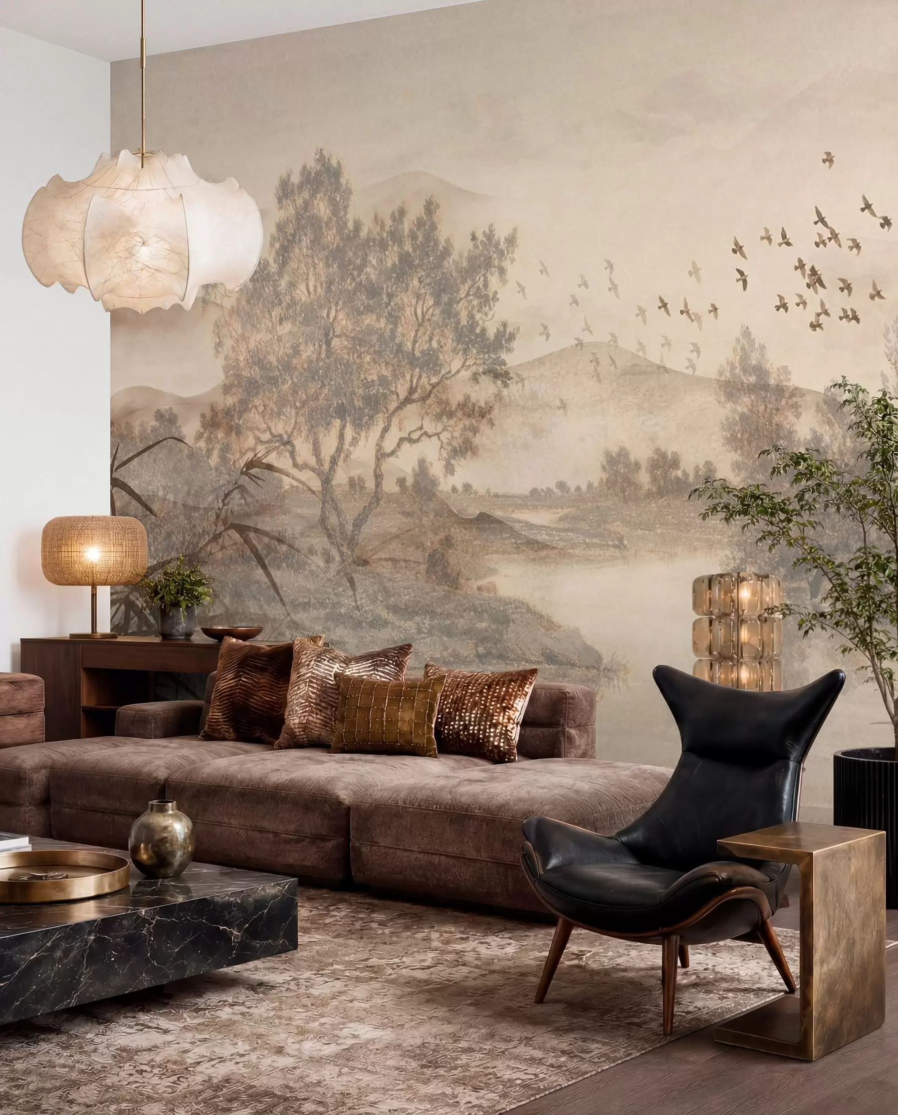 zidne murale Teksturirani vintage krajolik sa stablom u blizini rijeke i oblačnim nebom, umjetnost prirode u tonovima sepije w08920