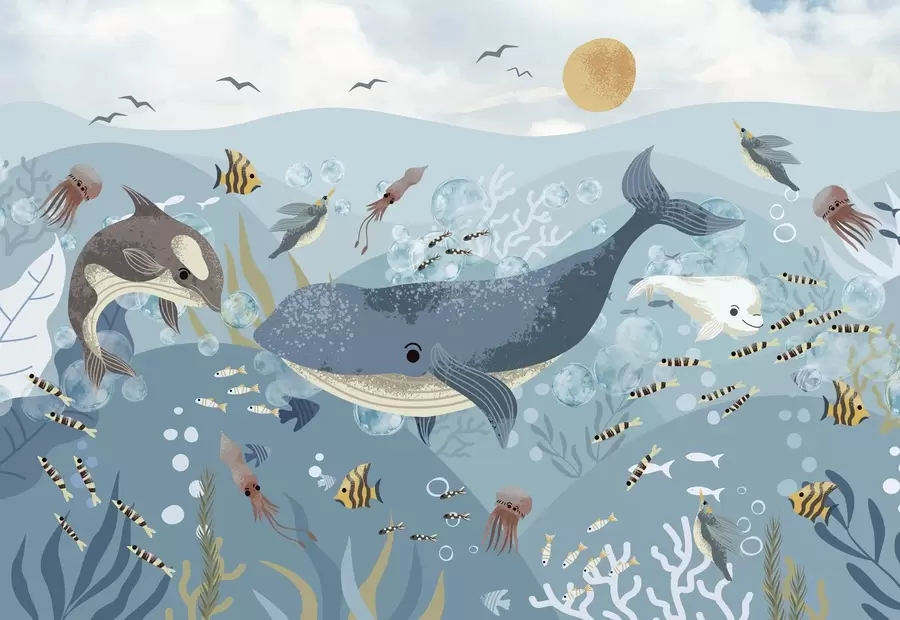 zidne murale Dječja ilustracija simpatičnog ispisa s plavim kitom okruženim ribama, lignjama i meduzama u plavom oceanu s mjehurićima w08921