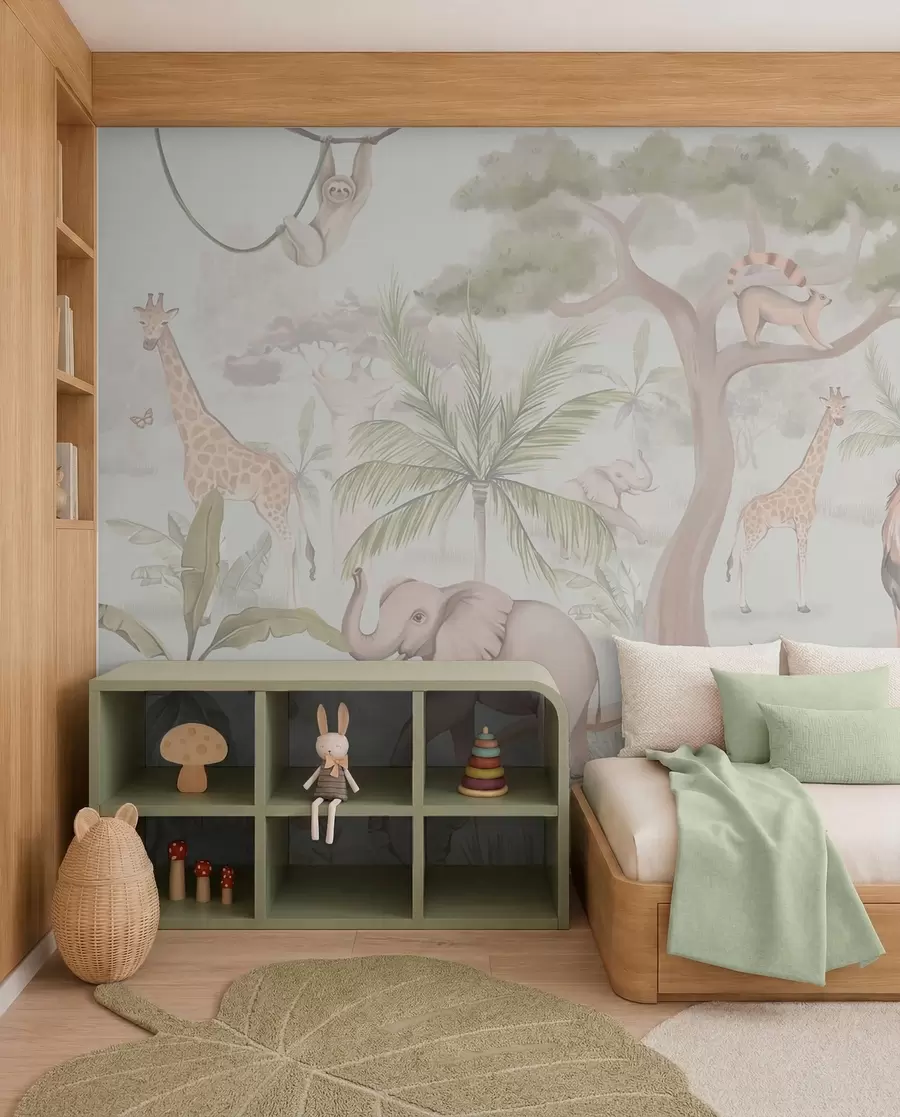 zidne murale Panorama džungle sa životinjama u svijetlim bojama w03444v1