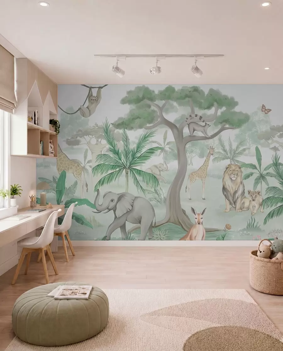 zidne murale Panorama džungle sa životinjama u zelenim tonovima w03444v2