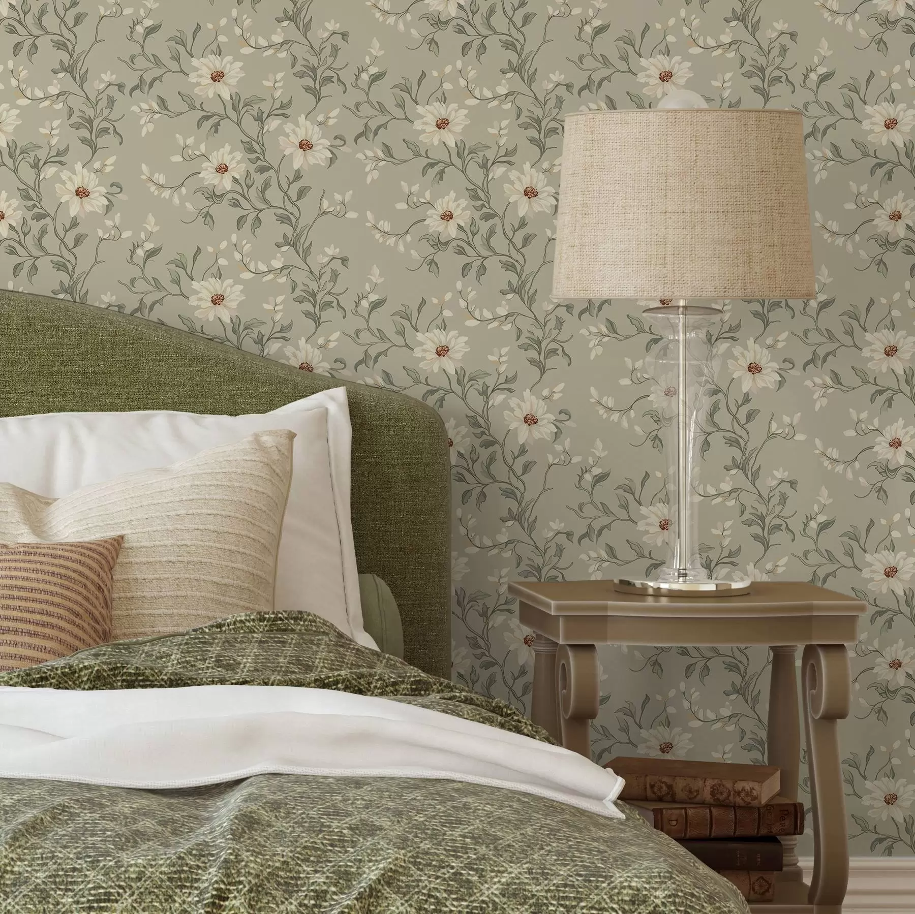 zidne murale Bijeli cvjetovi s vijugavim listovima na svijetloj pozadini a00001v1