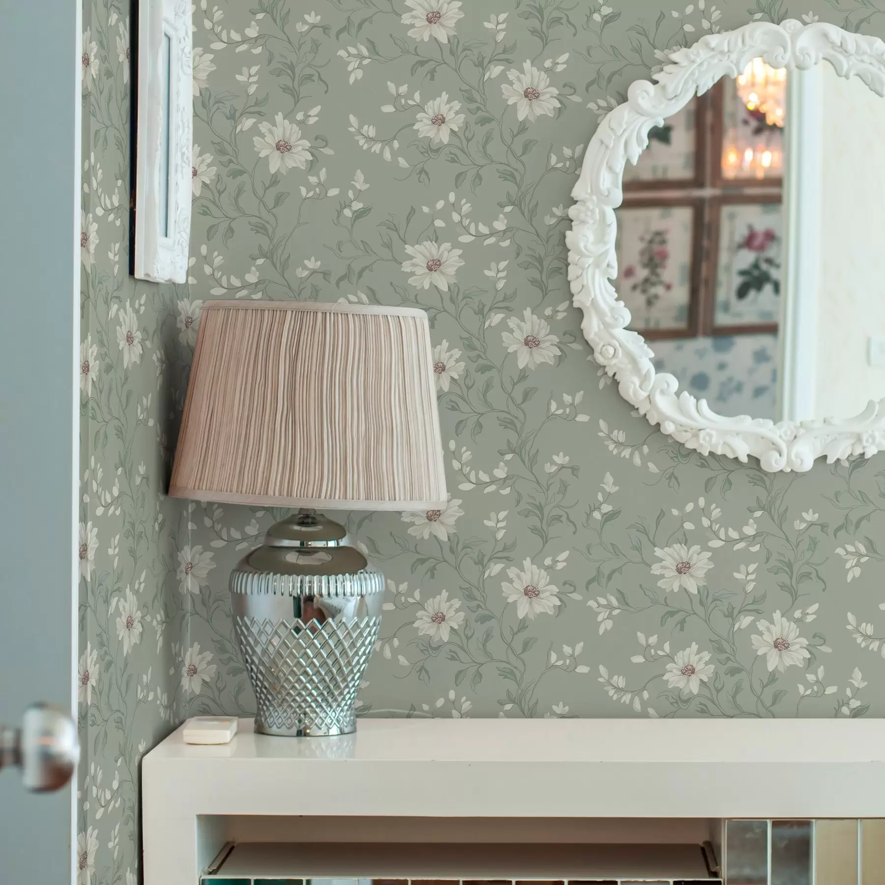 zidne murale Bijeli cvjetovi s vijugavim listovima a00001