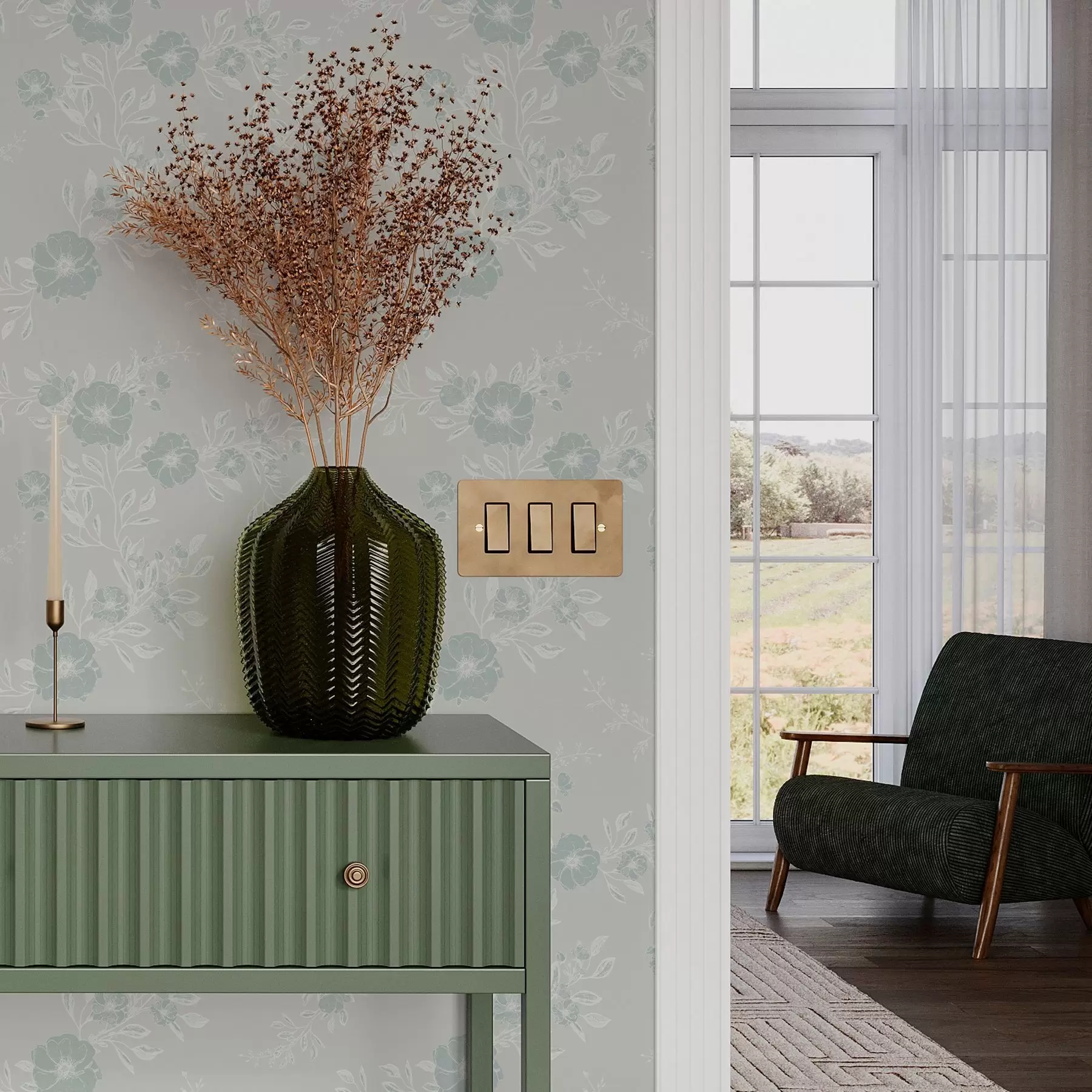 zidne murale Cvjetovi sa svijetlim lišćem na plavoj pozadini a00006v2