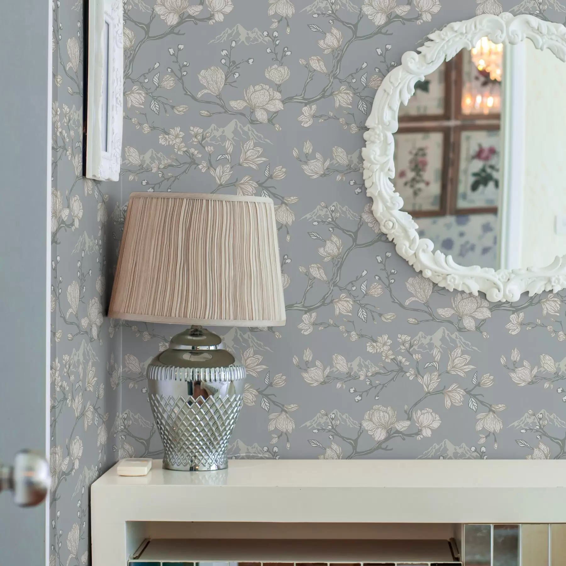 zidne murale Bijelo cvijeće na granama i planine na plavoj pozadini a00021