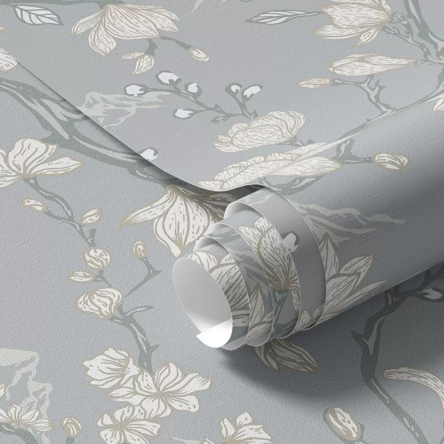 zidne murale Bijelo cvijeće na granama i planine na plavoj pozadini a00021