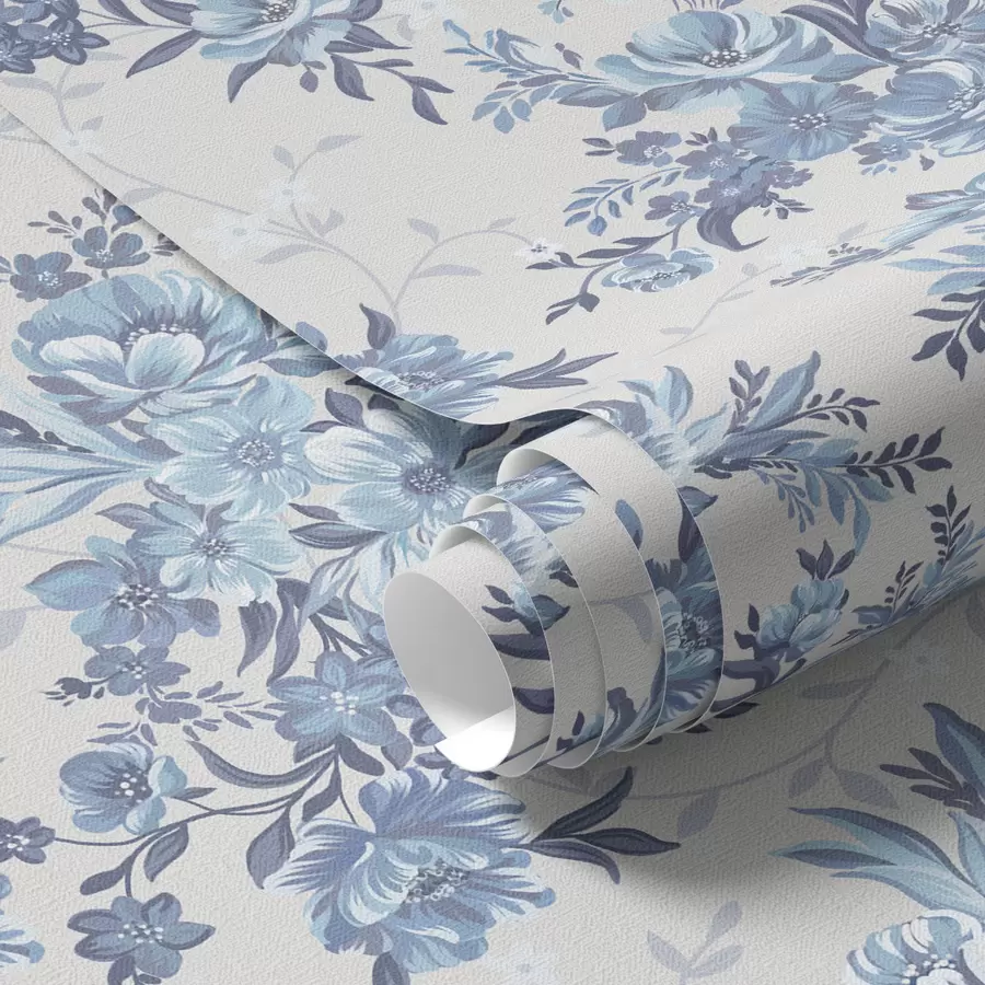 zidne murale Nježni cvjetovi i listovi u plavim i plavim bojama na svijetloj pozadini a00027