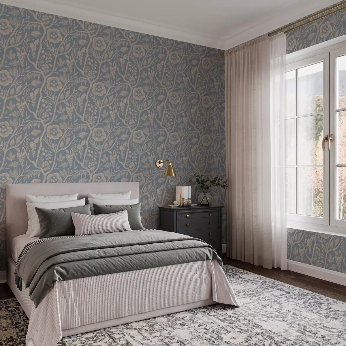 Pozadina Bijelo cvijeće, stabljike i grožđe na plavoj pozadini a00044