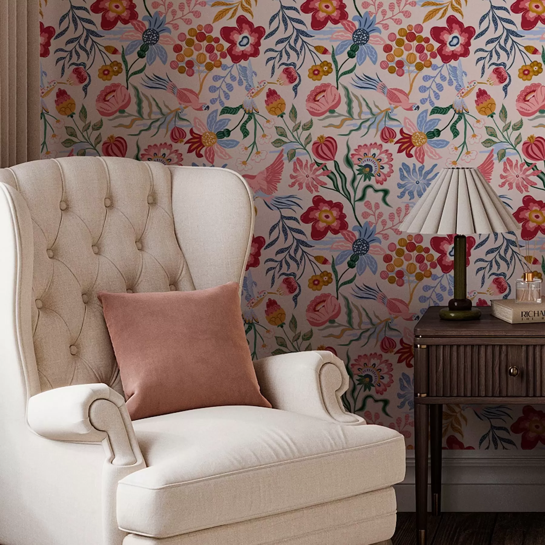 zidne murale Svijetla kompozicija cvijeća i bobica s papigama a00046