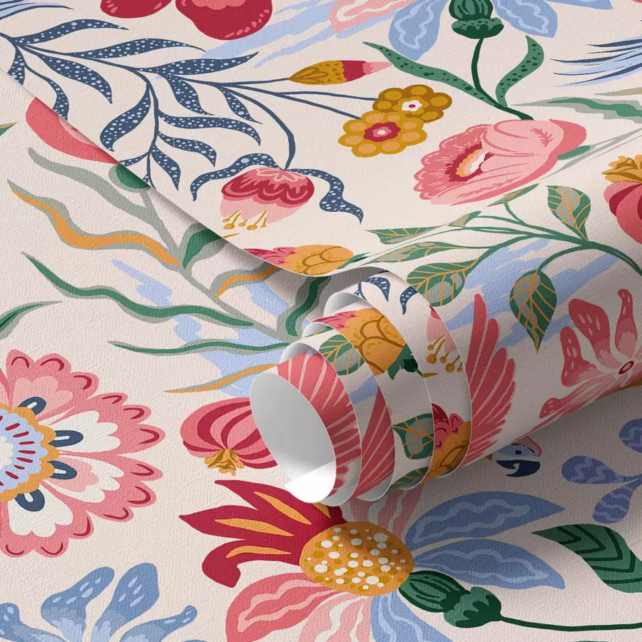 zidne murale Svijetla kompozicija cvijeća i bobica s papigama a00046