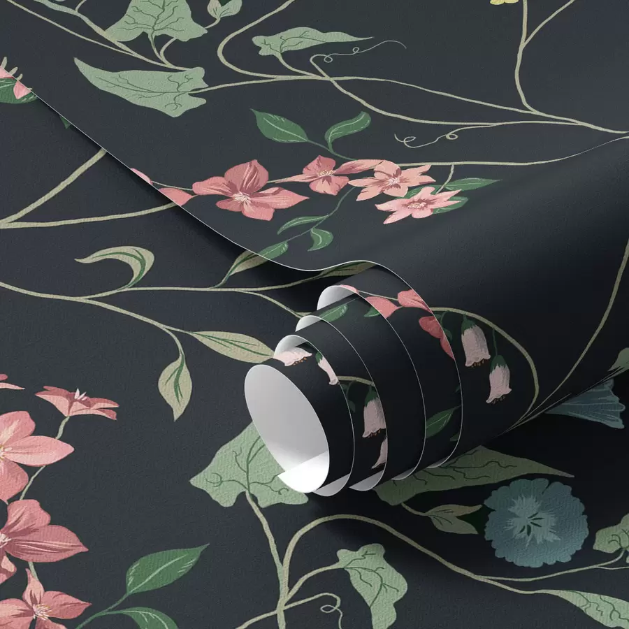 zidne murale Cvjetovi, listovi i stabljike na tamnoj pozadini a00047