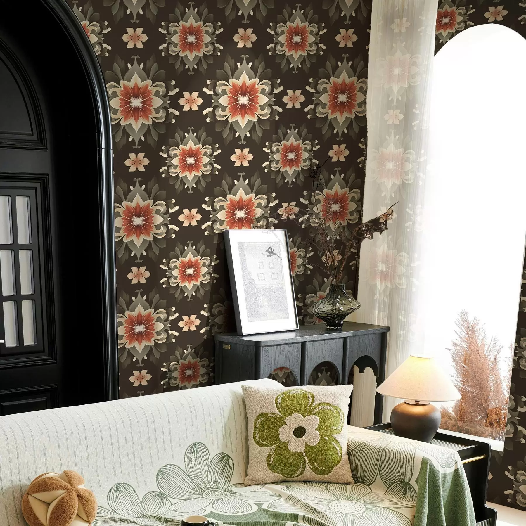 zidne murale Apstraktni cvjetni uzorak na tamnoj pozadini a00069