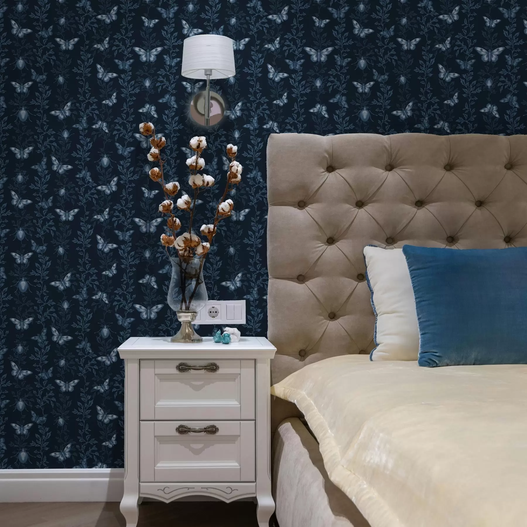 zidne murale Kompozicija s leptirima, lišćem i kukcima na plavoj pozadini a00073