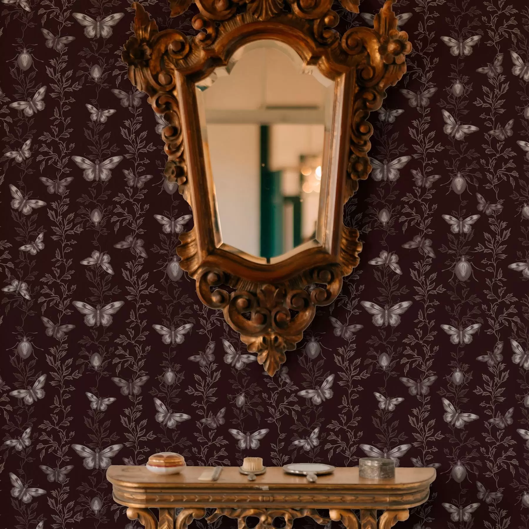 zidne murale Kompozicija s leptirima, lišćem i kukcima na tamnoj pozadini a00073v1