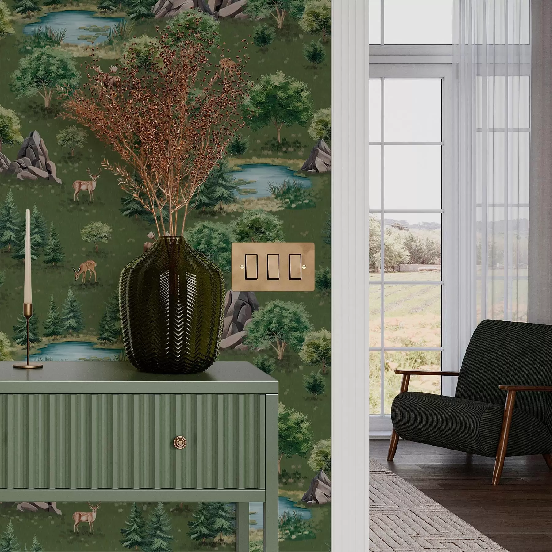 zidne murale Jeleni uz jezero s drvećem i kamenjem a00086