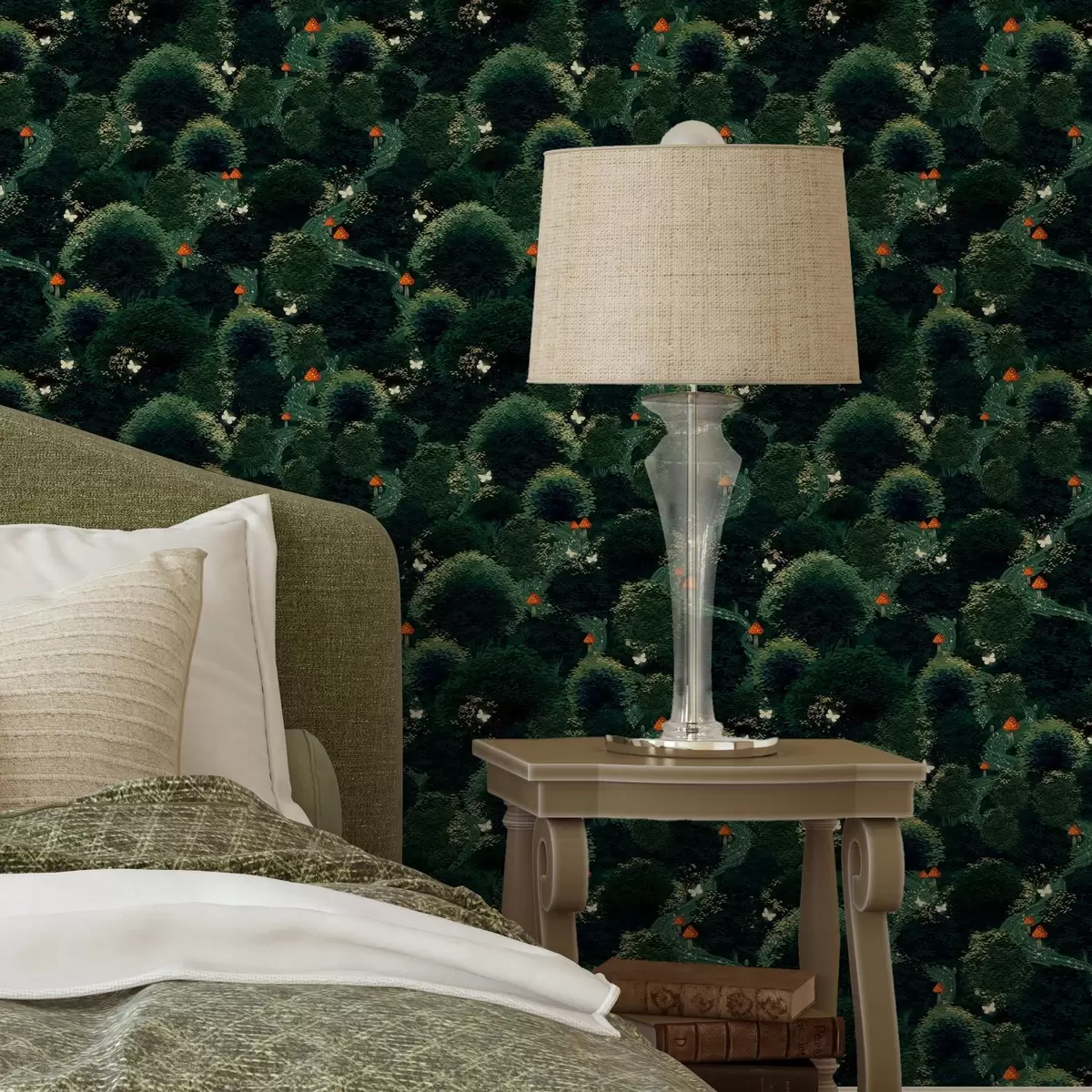 Pozadina Bujne krošnje drveća i šarene gljive a00087