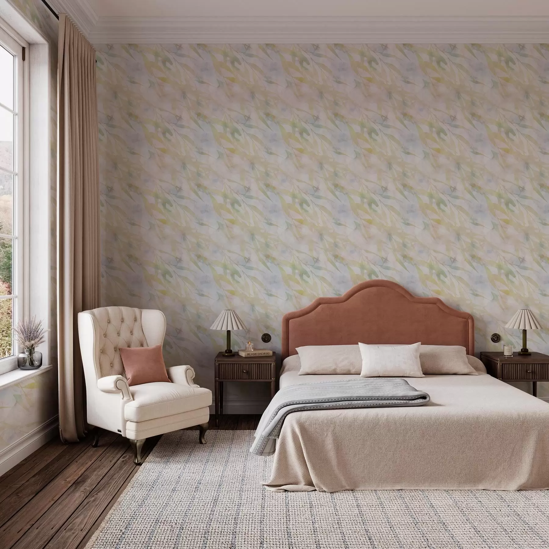 zidne murale Žutozelene grane s lišćem na vjetru a00097